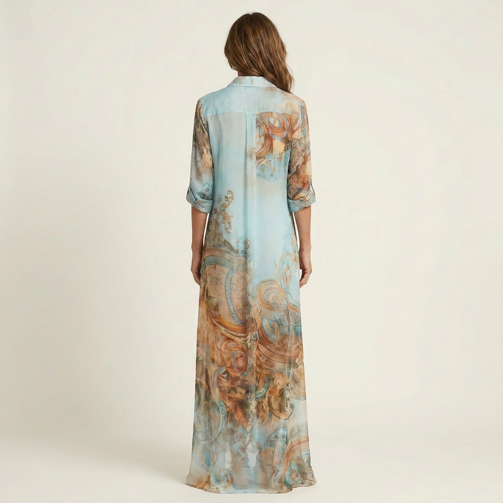 Lanie maxi shirt dress in blue Baroque print, full-length back view
