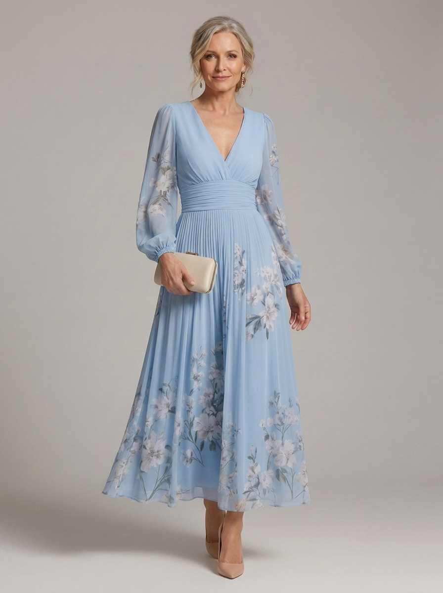 Prescela floral midi dress in blue, full-length front view