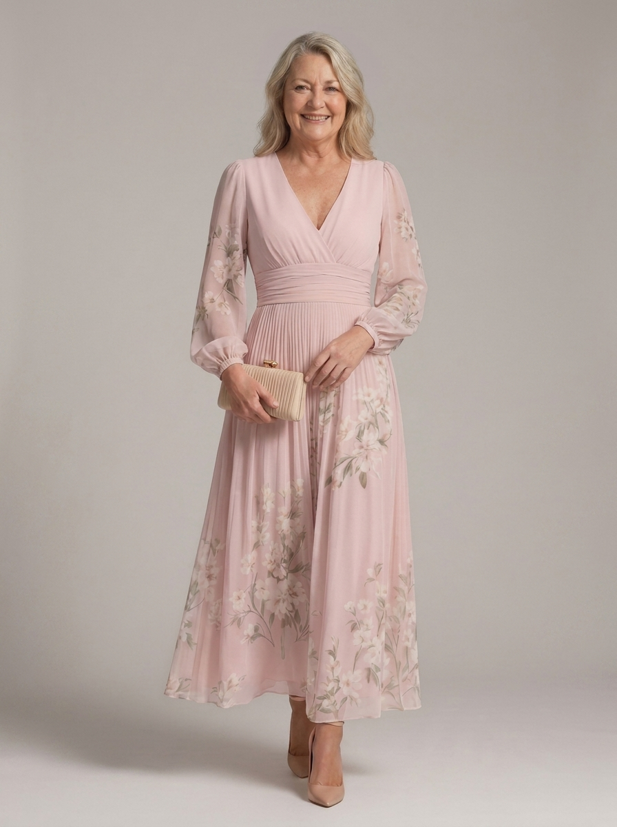 Prescela floral midi dress in pink, front view with clutch