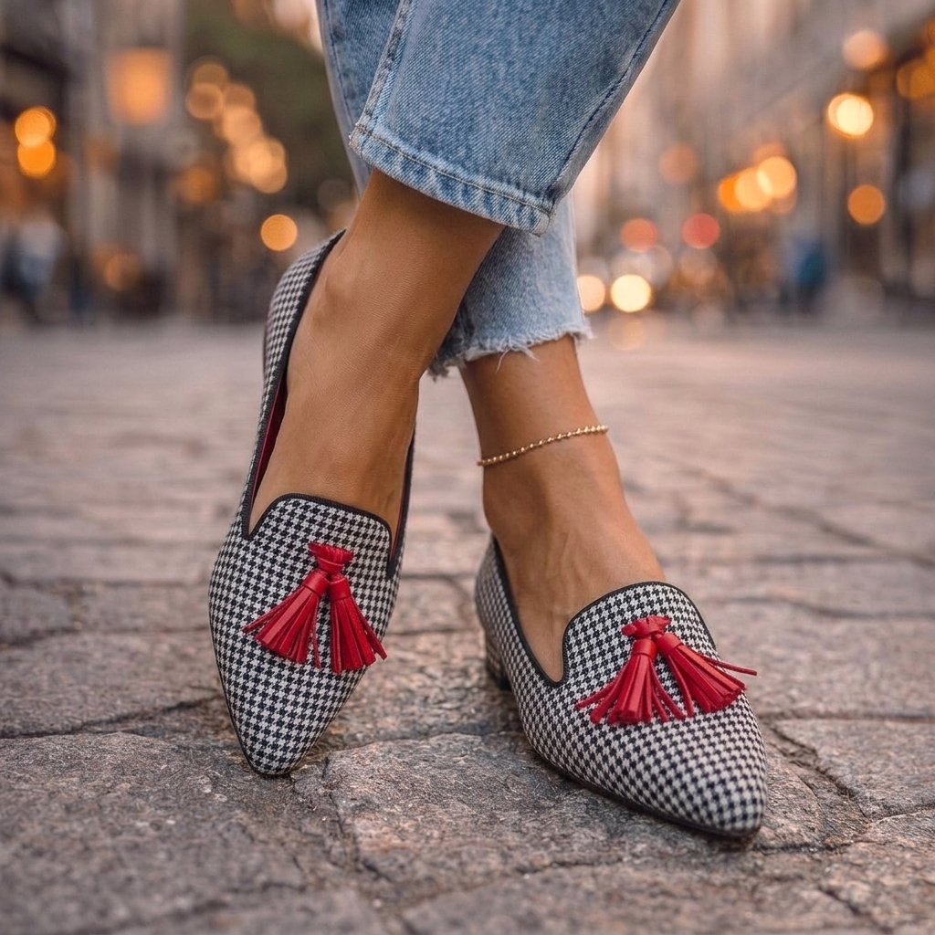 Livia pointed slip-on flats in houndstooth check with red tassels, worn view