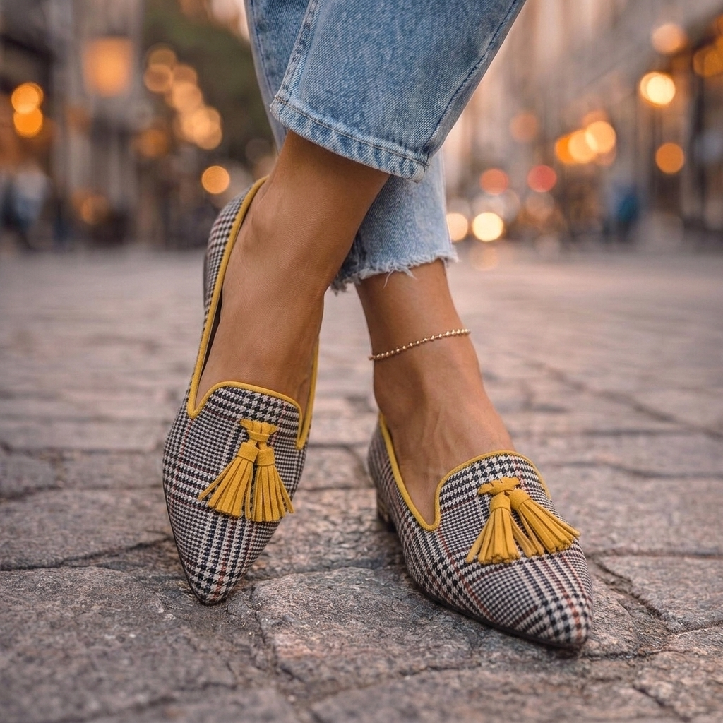 Livia pointed slip-on flats in yellow check with matching tassels, worn view