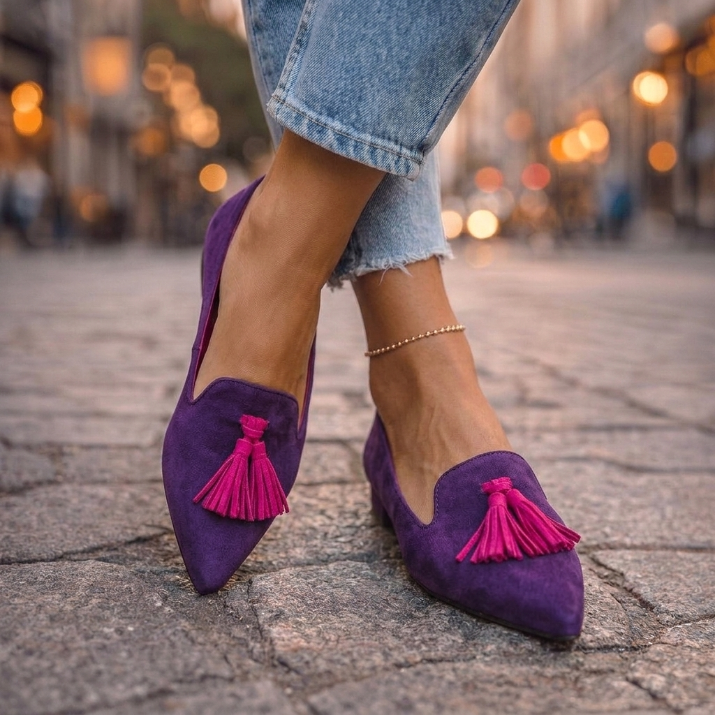 Livia pointed slip-on flats in purple with pink tassels, front view