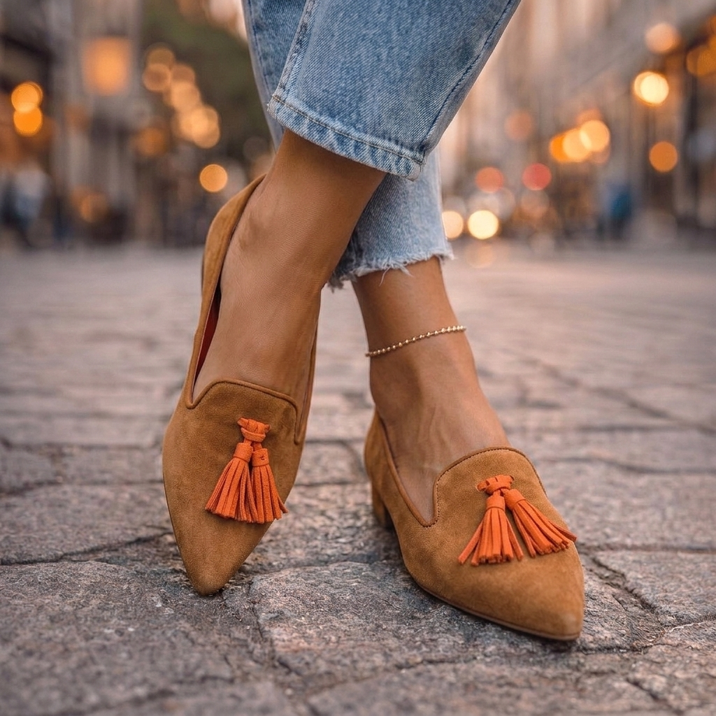 Livia pointed slip-on flats in tan brown with orange tassels, worn view