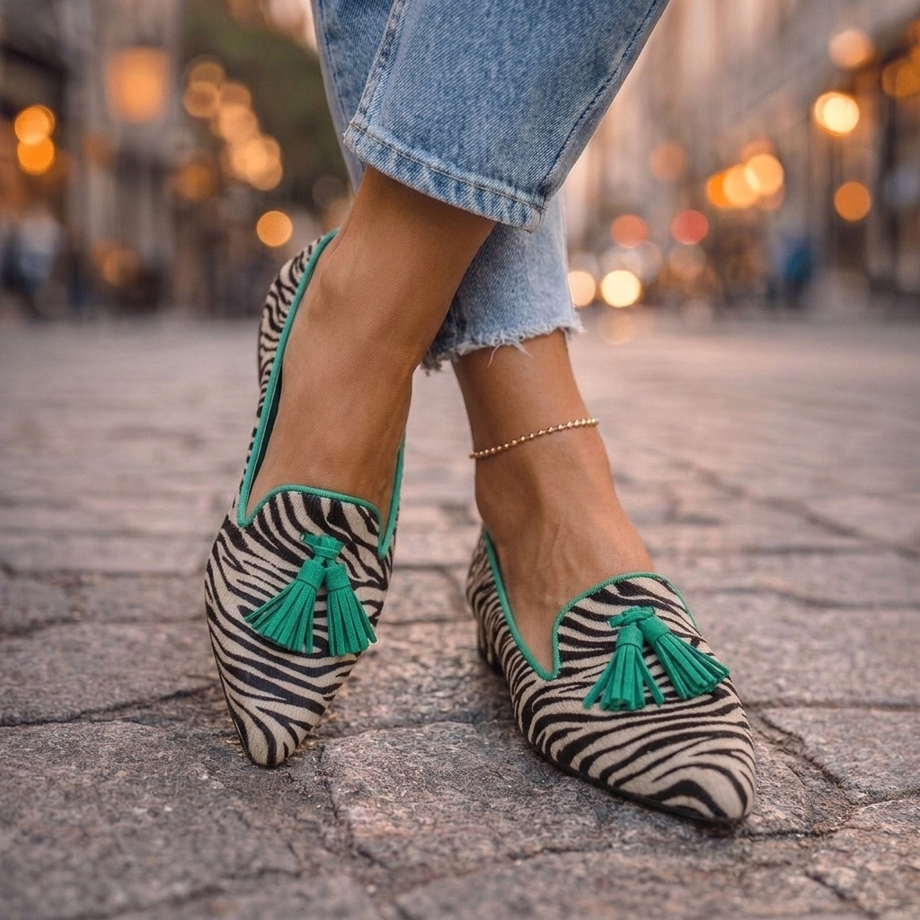 Livia pointed slip-on flats in zebra print with green tassels, street view