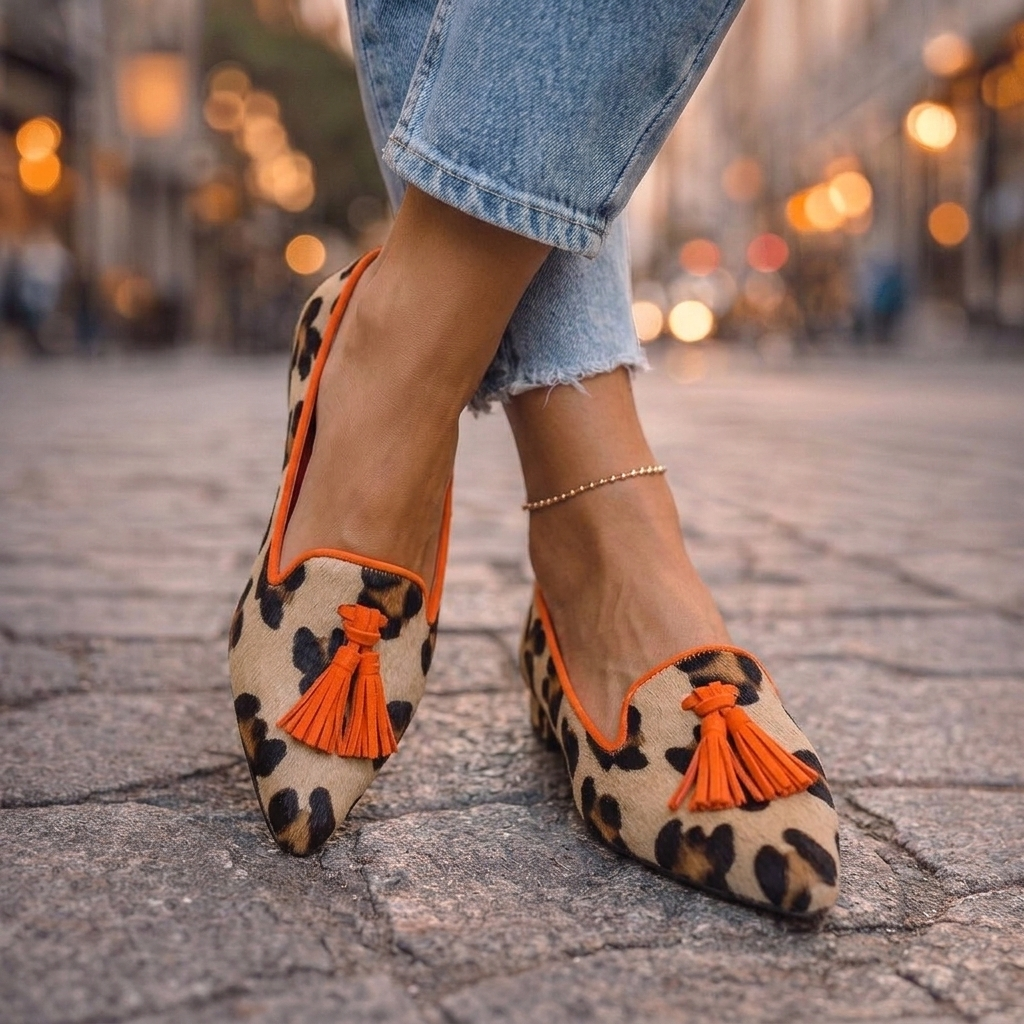 Livia pointed slip-on flats in orange leopard print, worn with cropped jeans