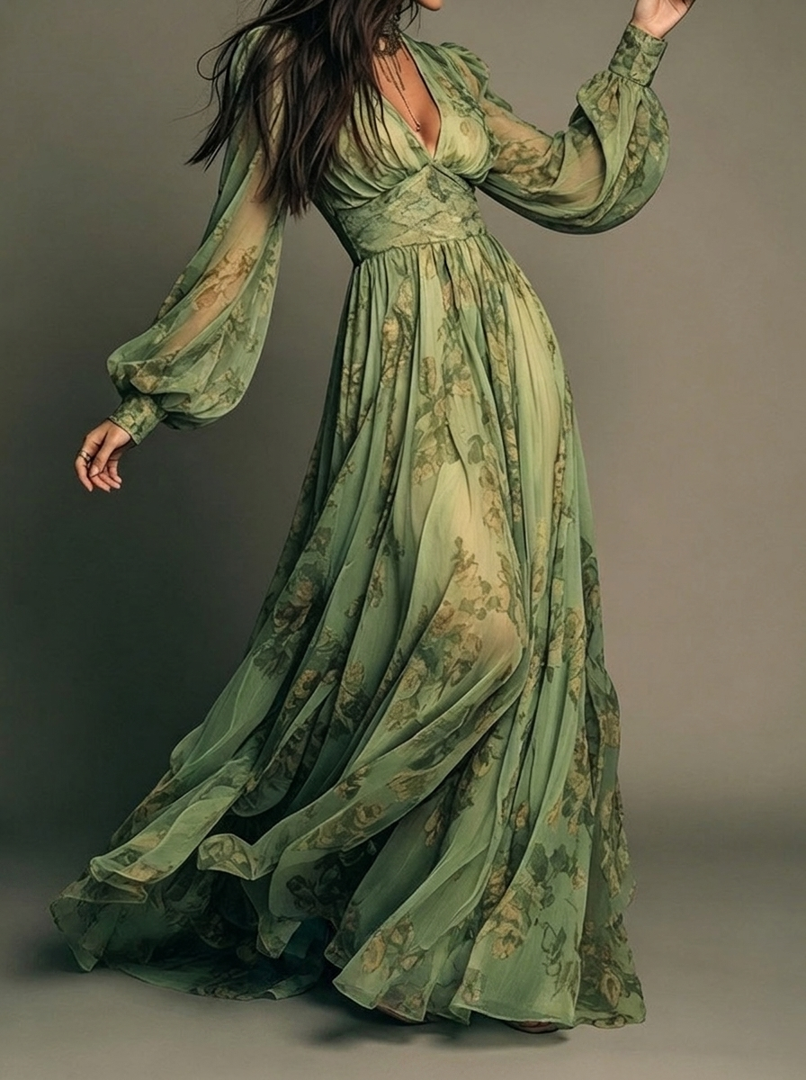 Kelsa floral maxi dress in sage green, front view with billowing sleeves
