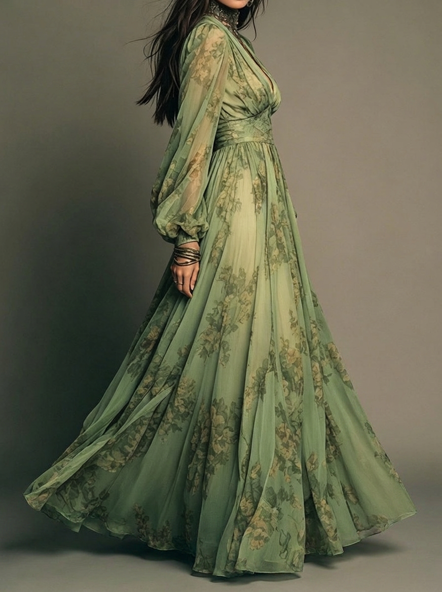 Kelsa floral maxi dress in sage green, side view showing full flowing skirt