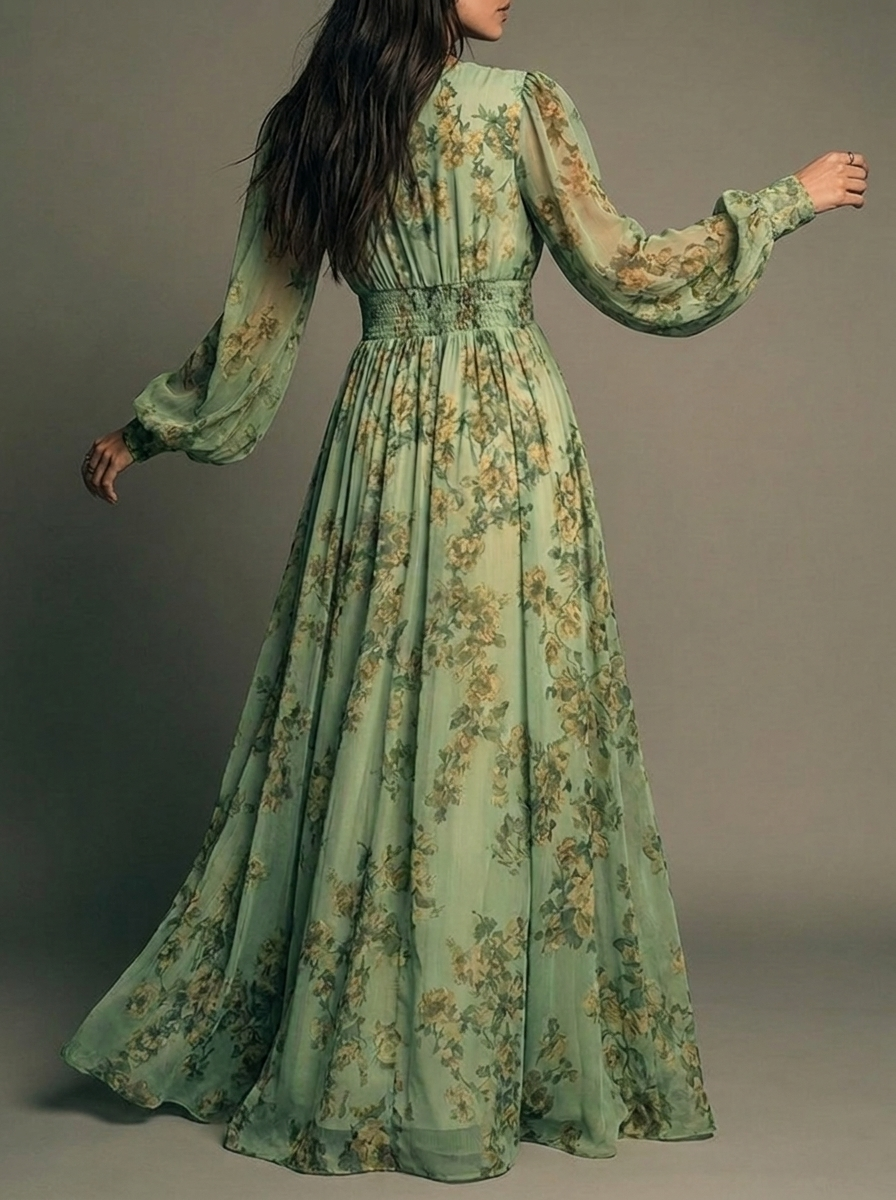 Kelsa floral maxi dress in sage green, back view with shirred waistband