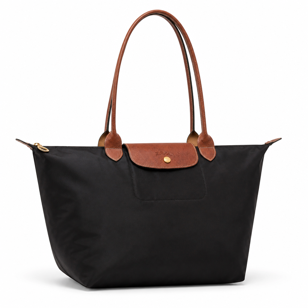 Large tote bag in black, three-quarter front view with long handles