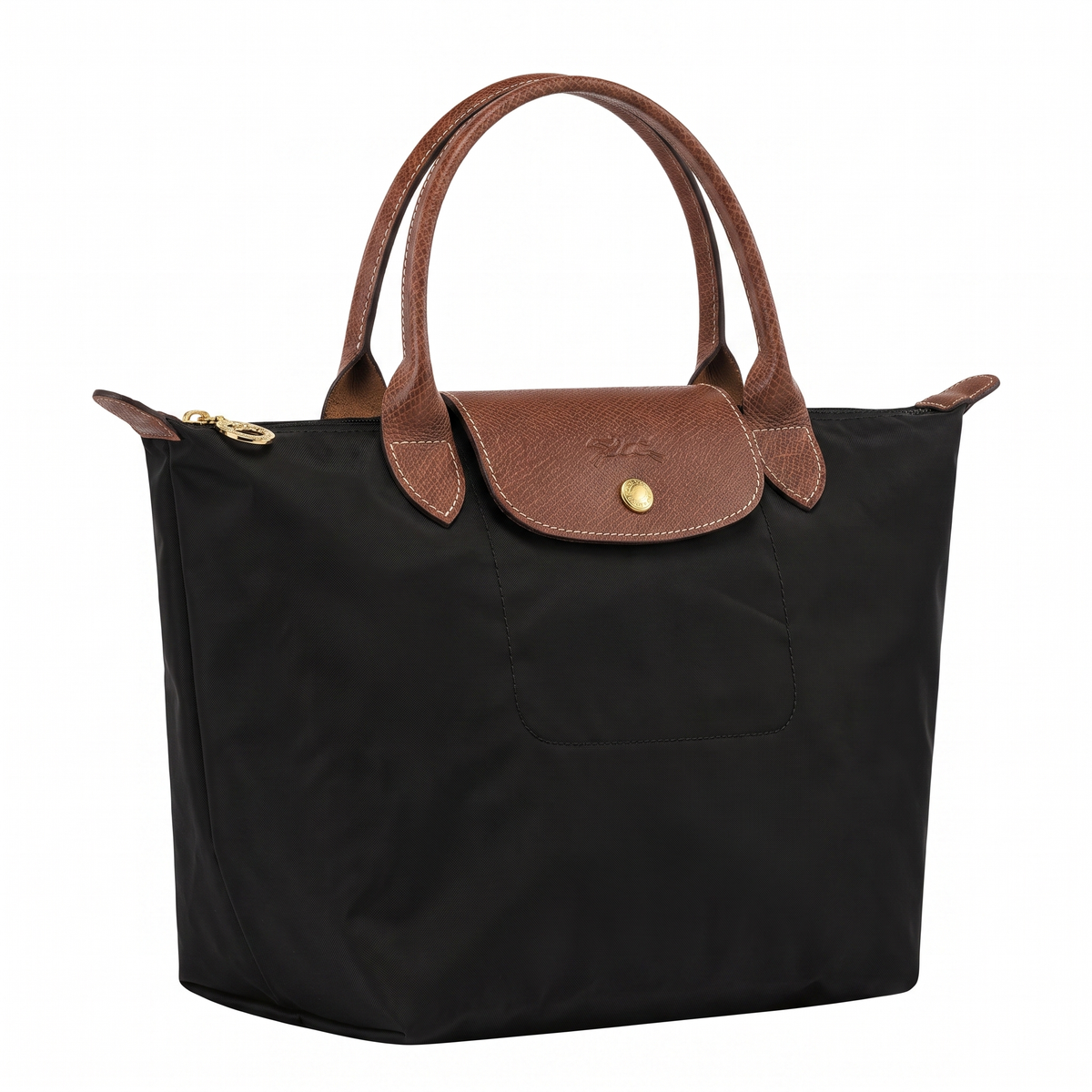 Medium black tote bag with leather handles, three-quarter side view