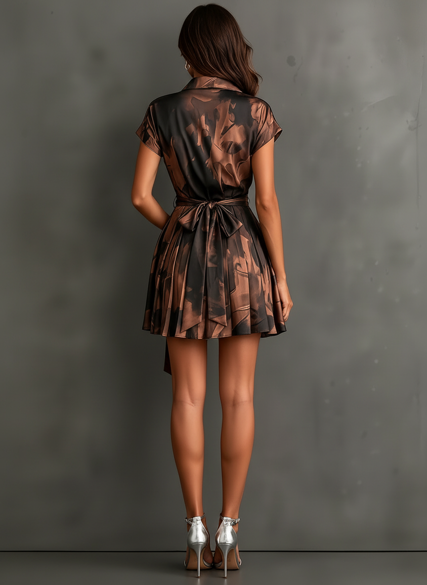 Chiara brown print mini dress, back view with pleated hem and bow