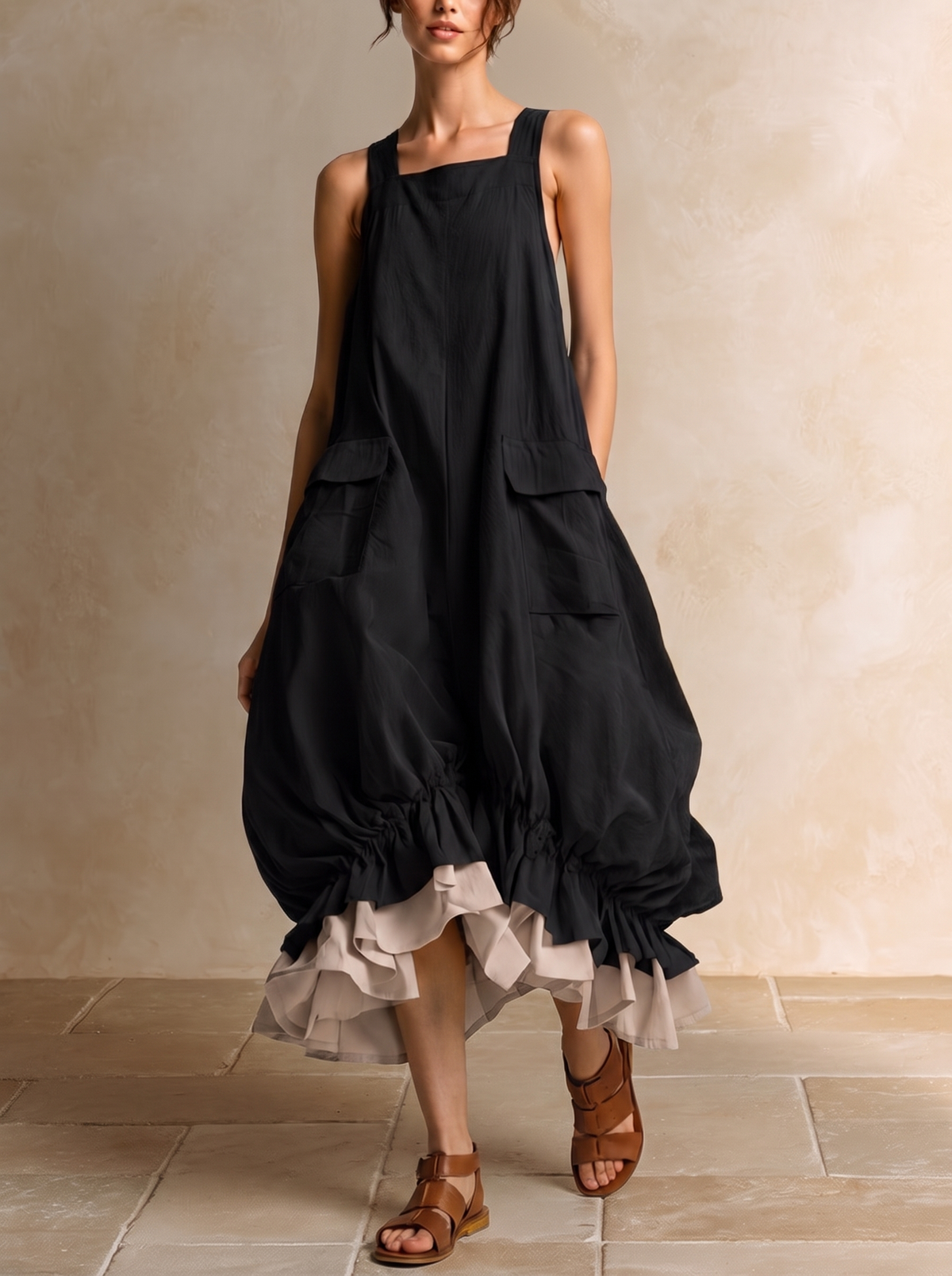 Dorothea layered balloon midi dress in black, full-length front view