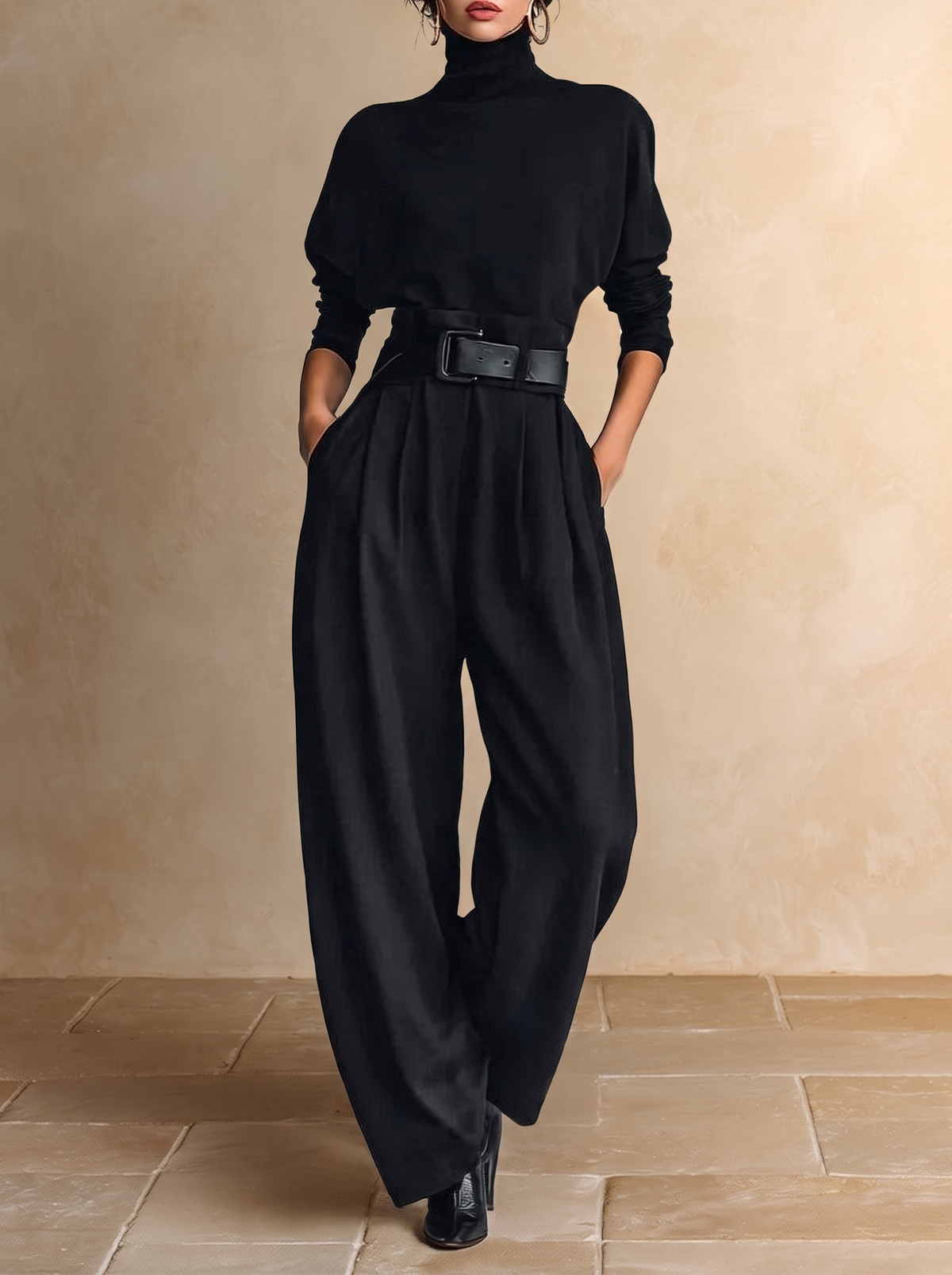 Genevieve black turtleneck co-ord set, full-length front view with belt and pleated trousers