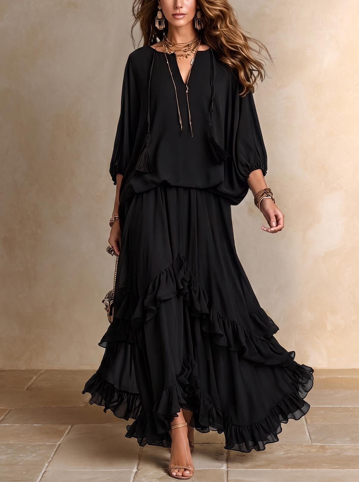 Tabitha black chiffon ruffle skirt set, full-length front view