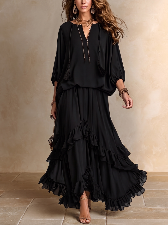 Tabitha black chiffon ruffle skirt set, full-length front view