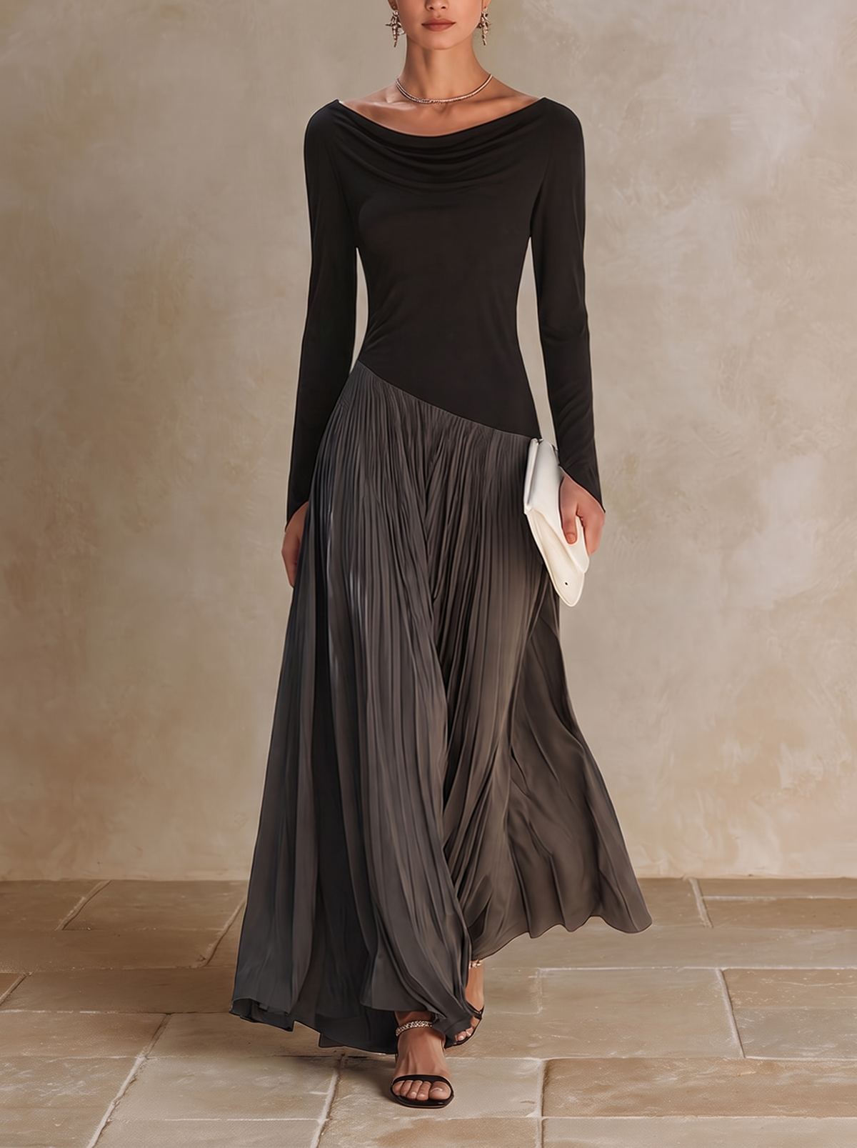 Nadine colour-block pleated maxi dress in black and grey, full-length front view
