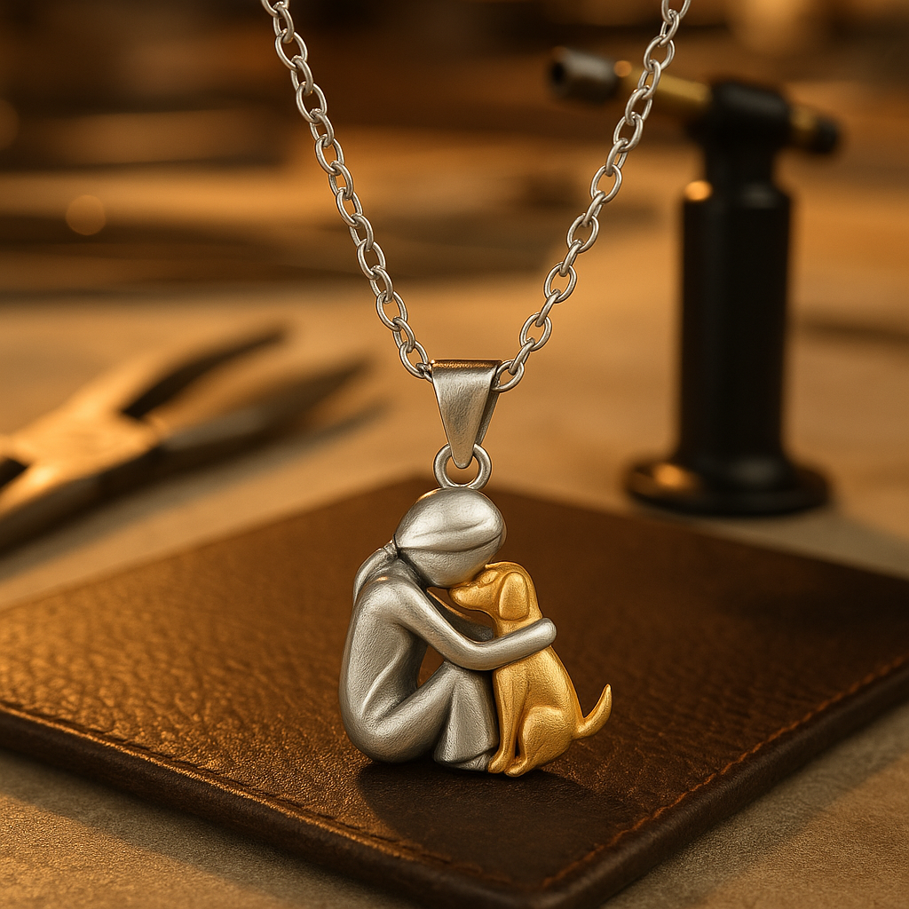 Hug pendant necklace in silver and gold displayed on leather at a workbench