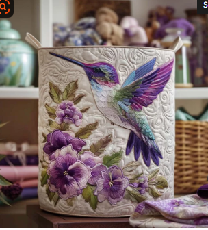 Eva hand-quilted laundry basket with hummingbird and violet flowers
