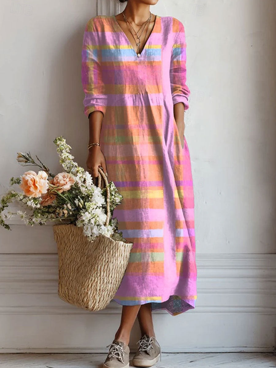Sara everyday comfort dress in multicoloured pink stripe, full-length front view
