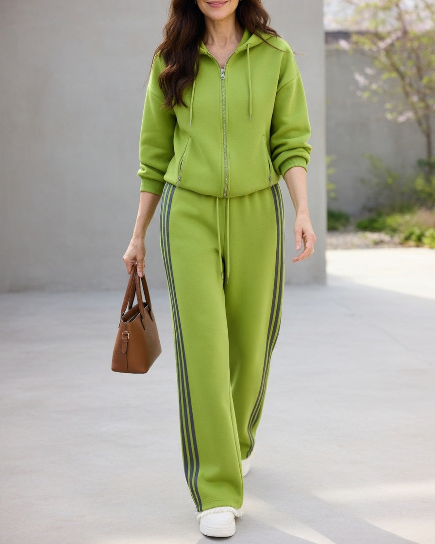 Avery two-piece set in green, front view with striped trousers