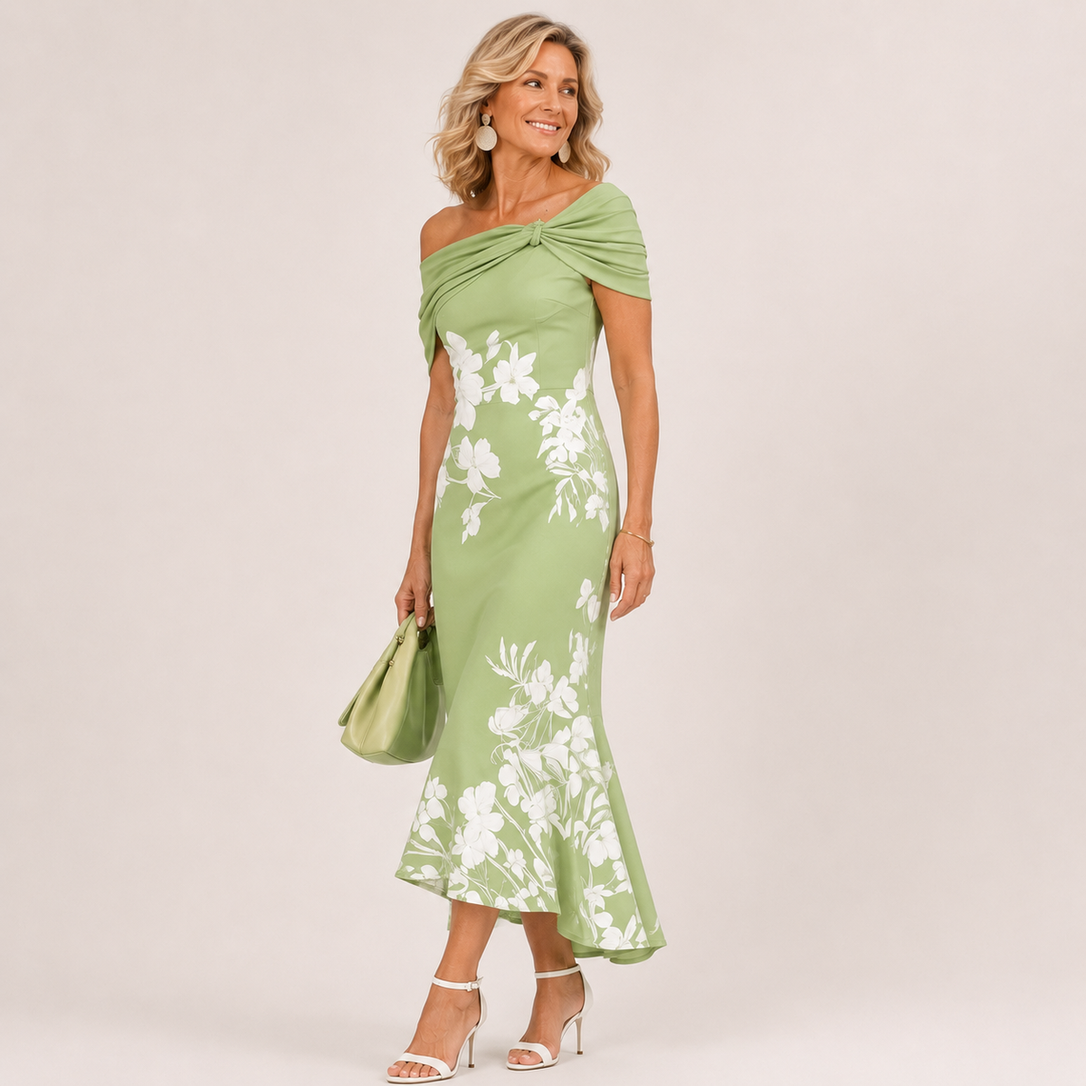 Althea floral midi dress in green, three-quarter view showing fluted hem
