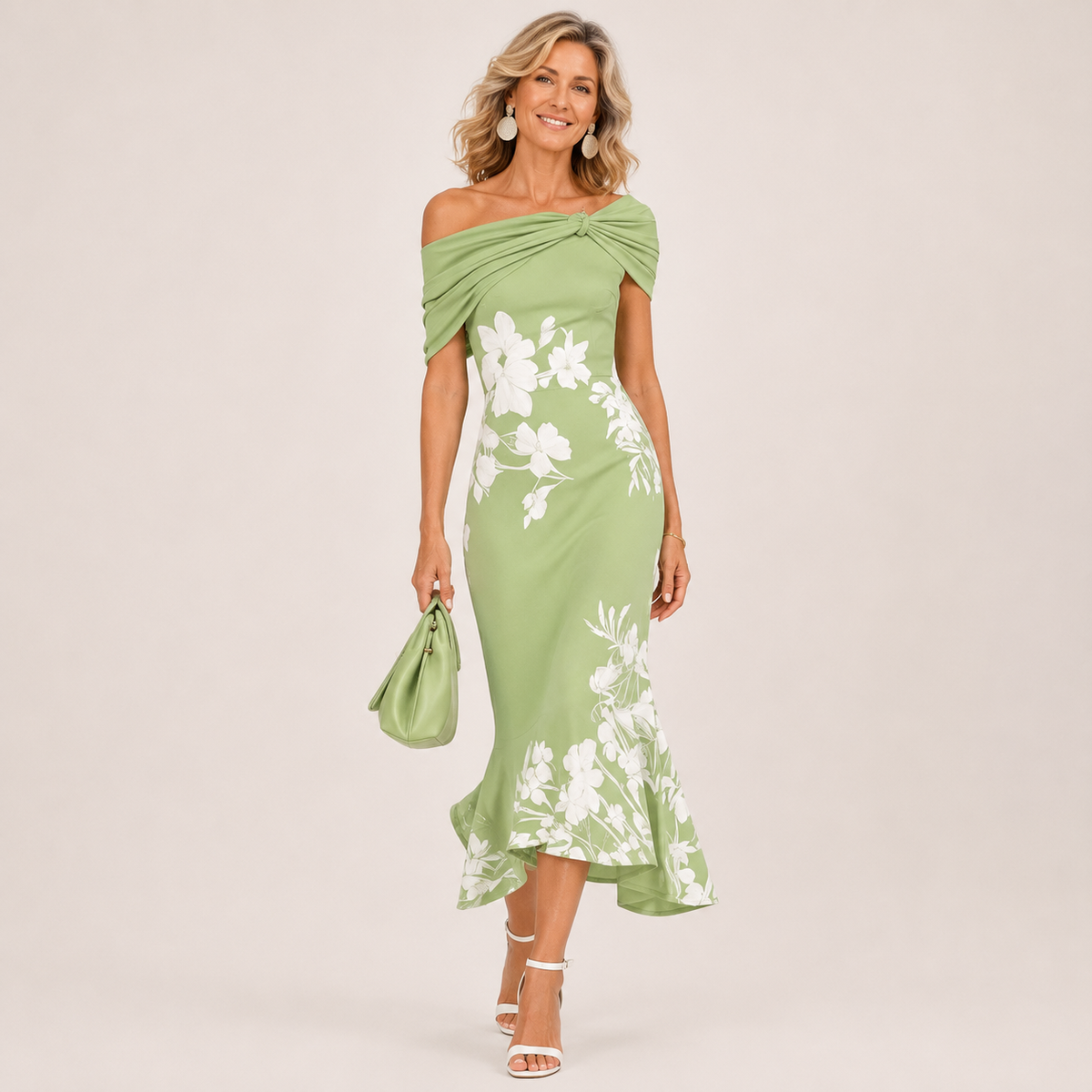Althea floral contour midi dress in green, full-length front view
