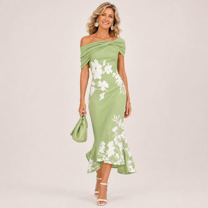 Althea floral contour midi dress in green, full-length front view