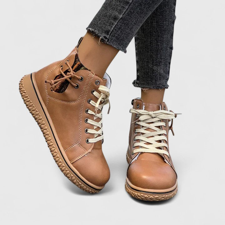 Brilly ankle boots in light brown, angled view with contrast laces