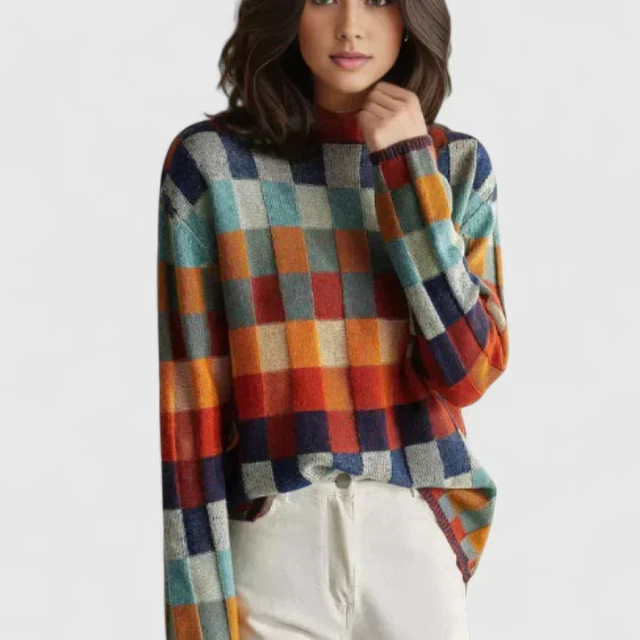 Florentiaa checked sweater in multicoloured knit, front view on model