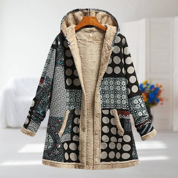 Elisa polka dot patchwork coat in black and grey, front view on a hanger