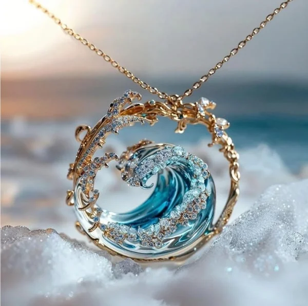 Eternal Wave necklace in gold with blue wave pendant, close-up view