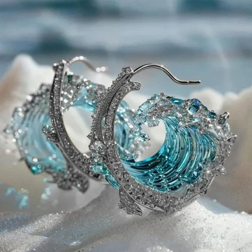 Azure Tide wave earrings in silver and aqua blue, angled view