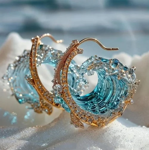 Azure Tide wave earrings in gold and aqua blue, angled view