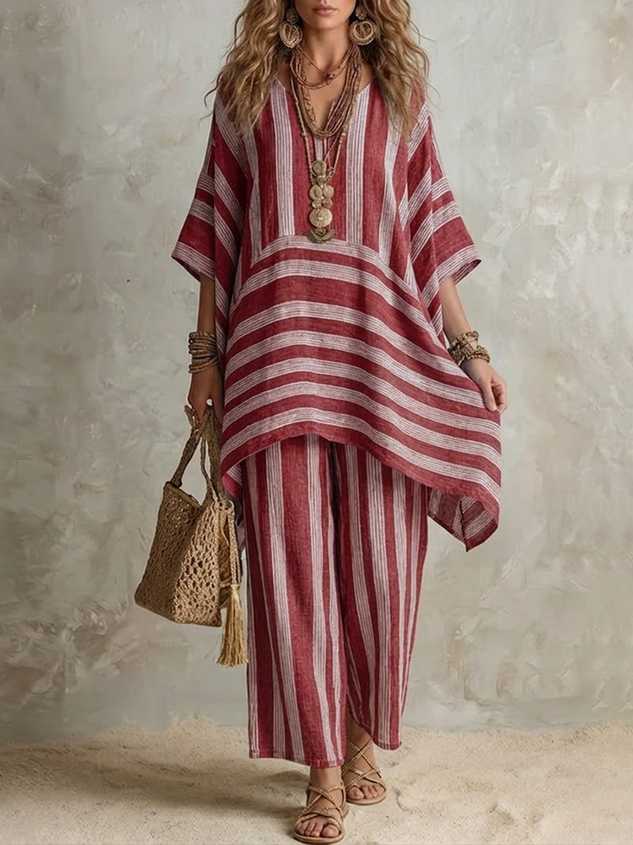 Mila Iluma co-ord set in red stripes, full-length front view