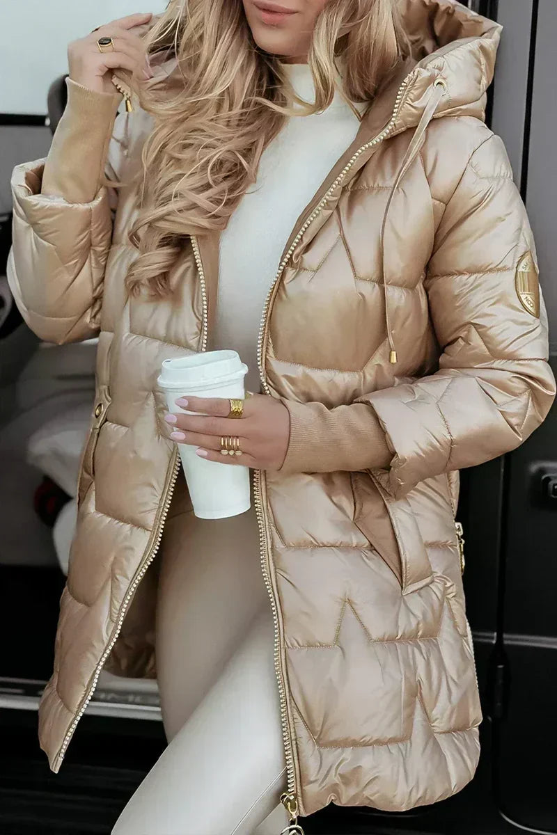 Jemima hooded puffer jacket in beige, three-quarter front view