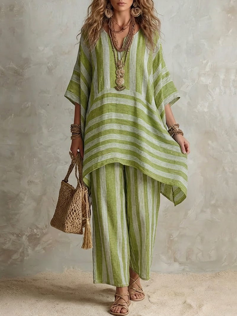 Mila Iluma co-ord set in lime green stripes, full-length front view