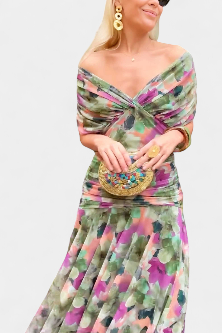 Florendra long floral dress in green and purple, front view