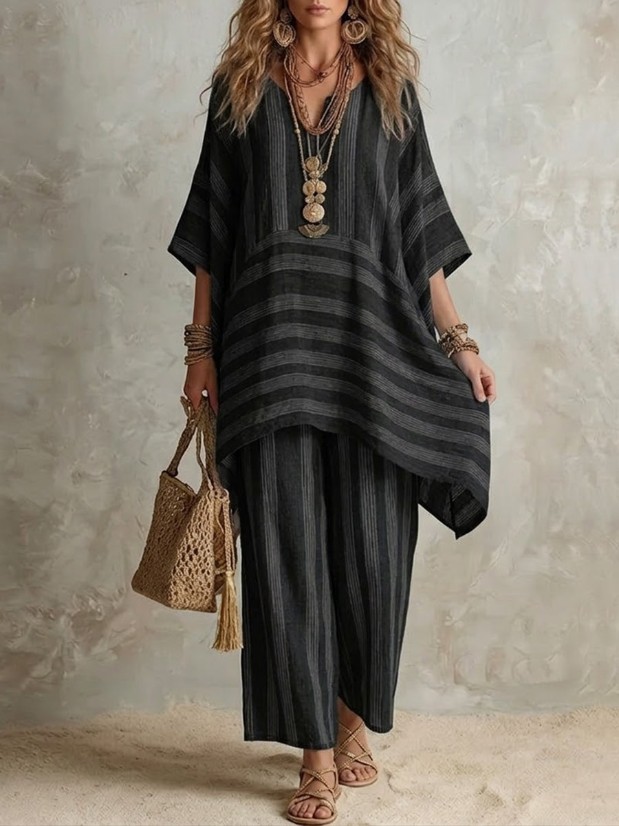 Mila Iluma co-ord set in black stripes, full-length front view