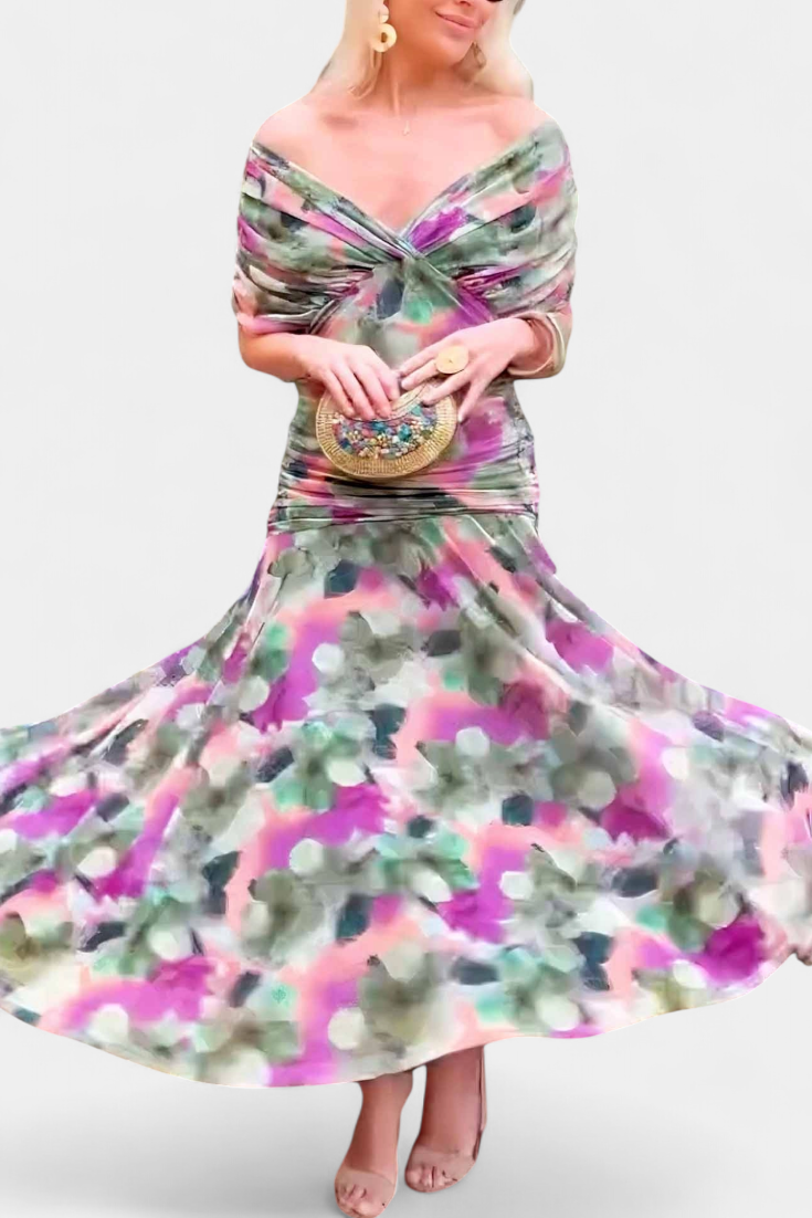 Lowenna draped dress in purple floral print, skirt in movement