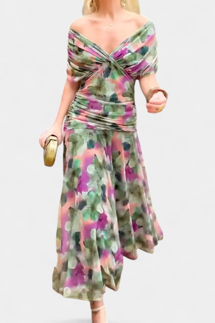 Lowenna off-shoulder dress in watercolour floral print, full-length front view
