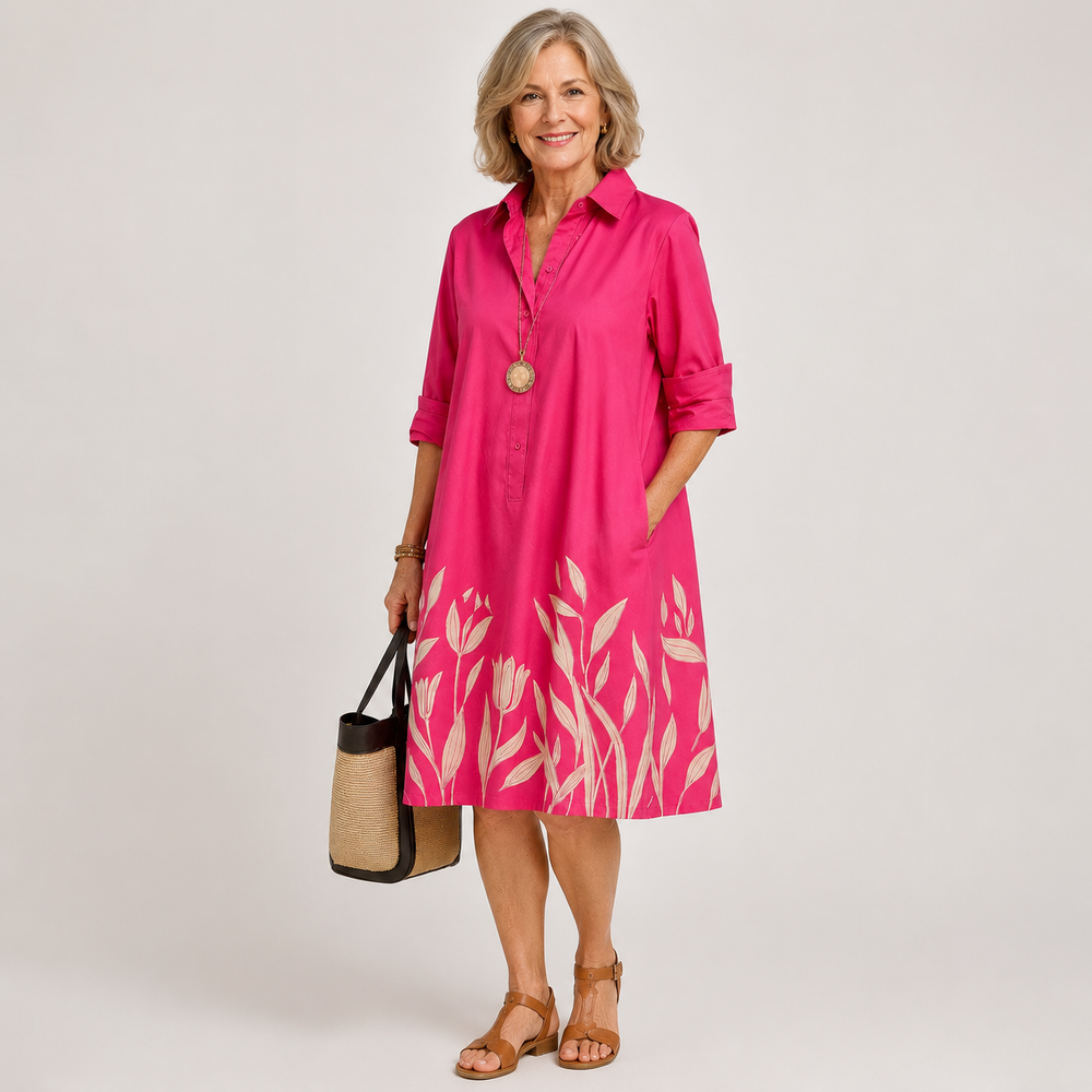Annemarie leaf-print shirt dress in pink, full-length front view