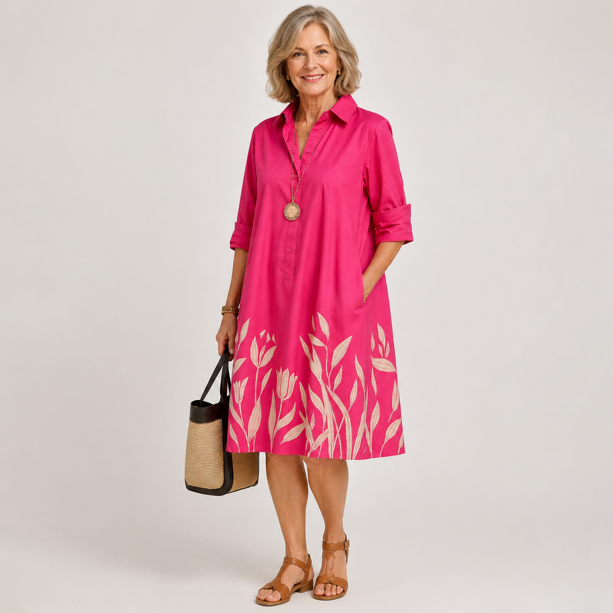 Annemarie leaf-print shirt dress in pink, full-length front view
