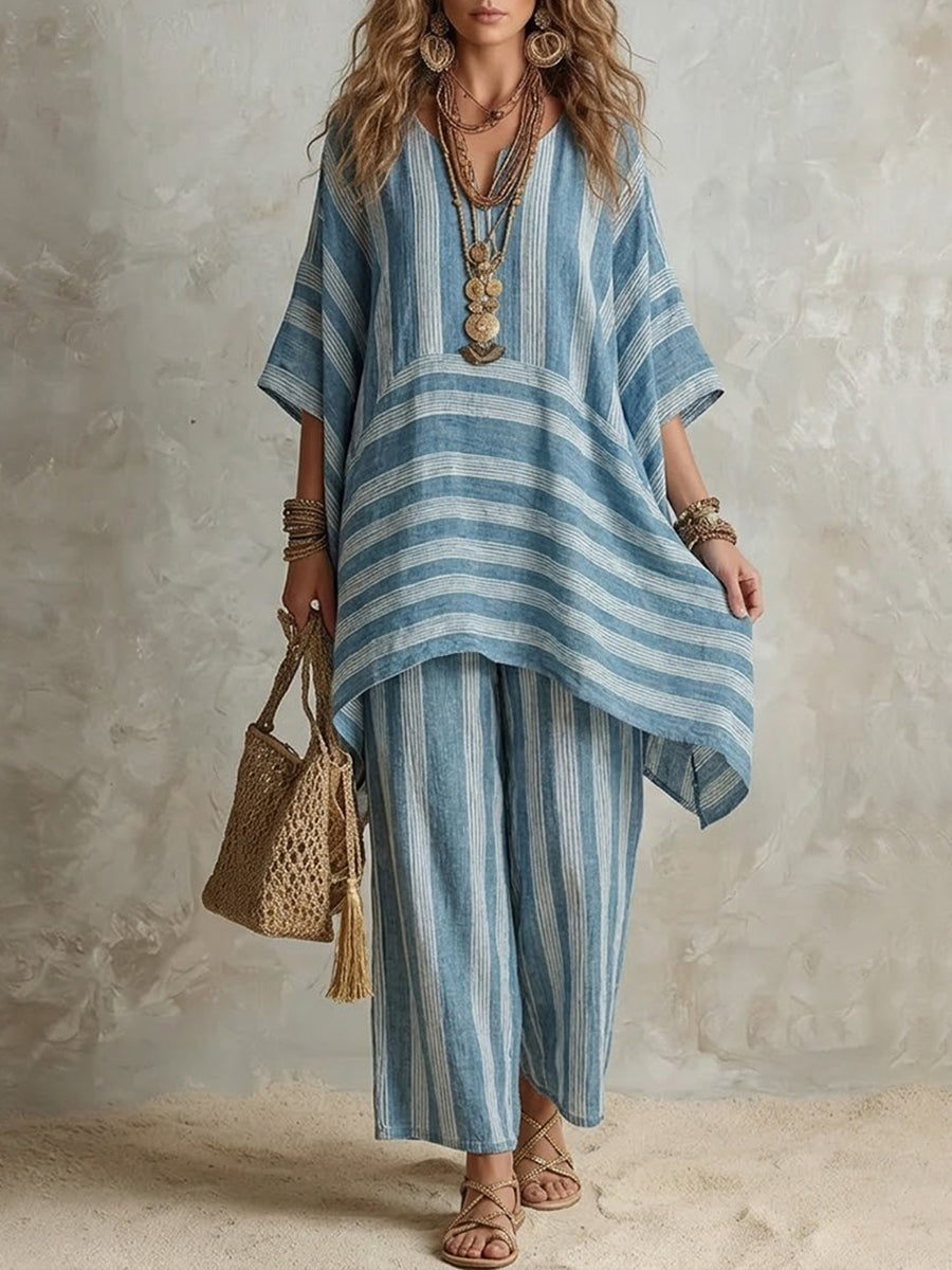 Mila Iluma co-ord set in light blue stripes, full-length front view