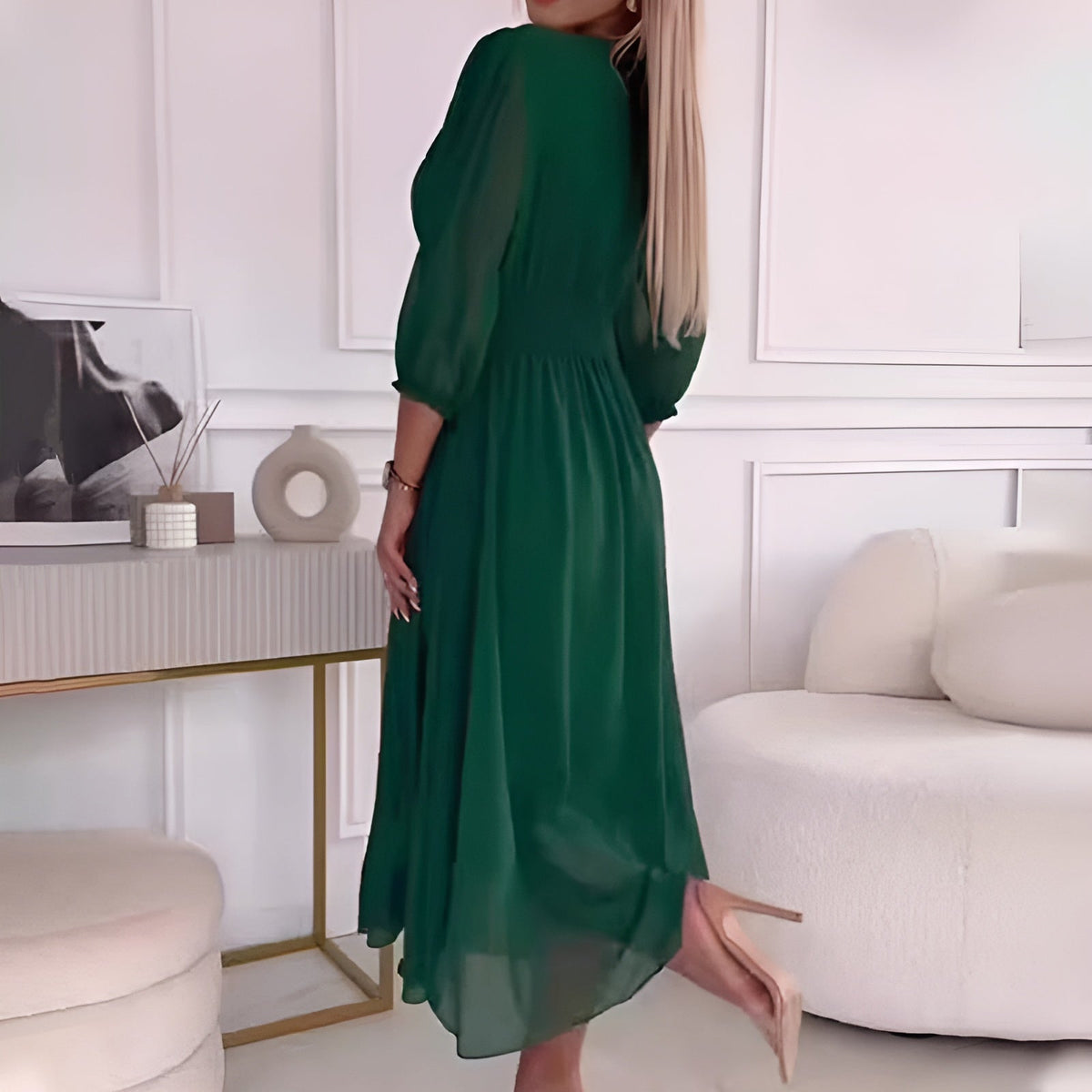 Beatrice wrap dress in green, side and back view