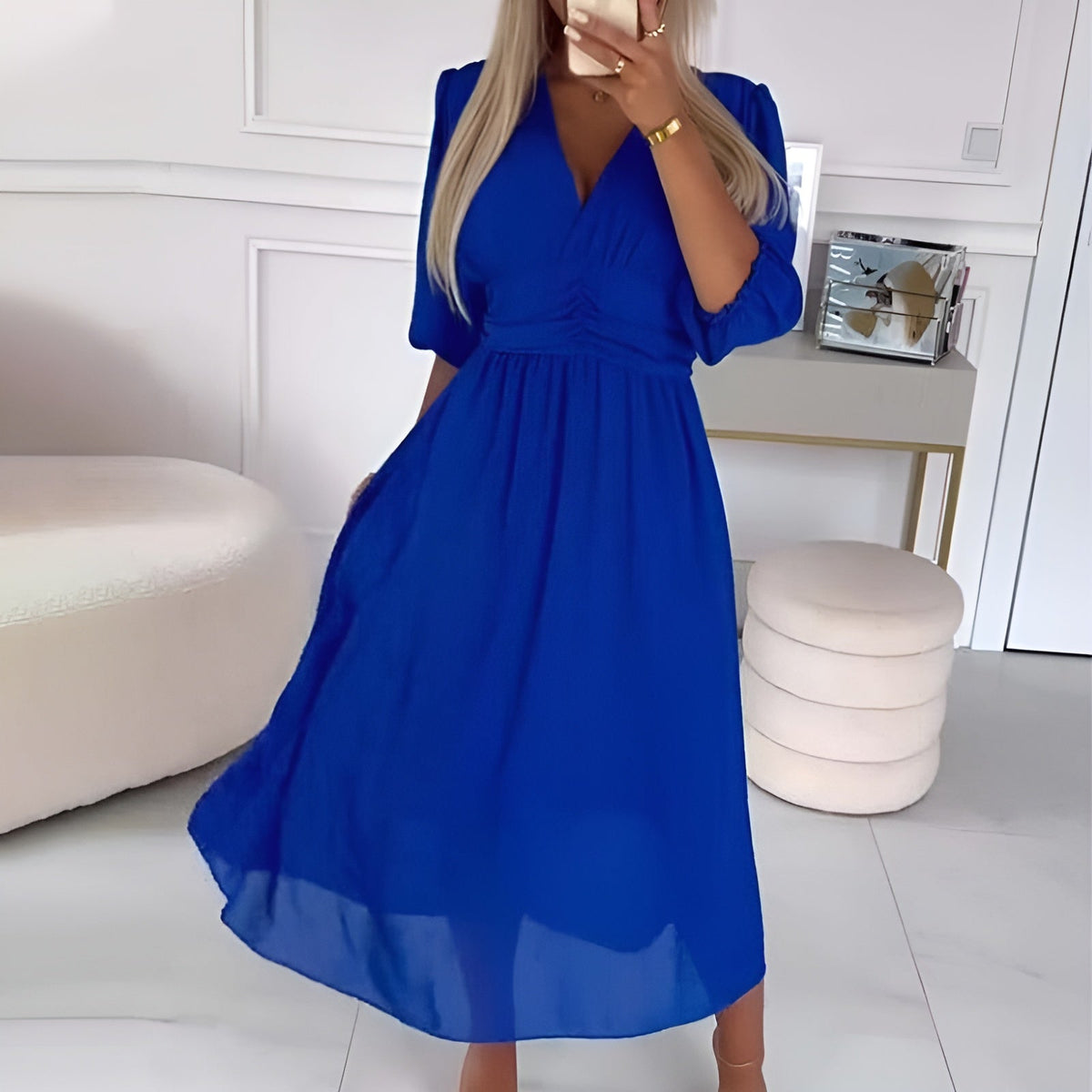 Beatrice wrap dress in blue, ruched waist detail and flared skirt