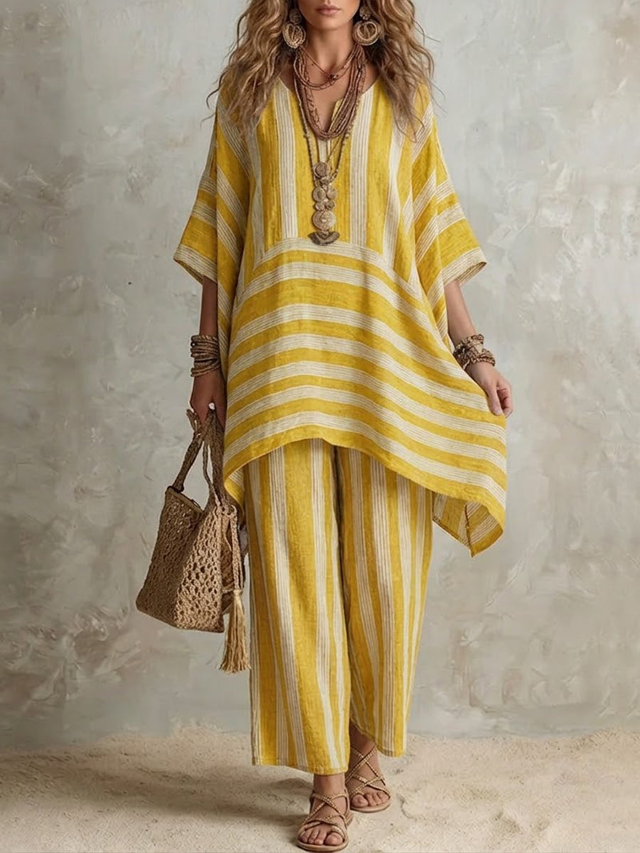 Mila Iluma co-ord set in yellow stripes, full-length front view