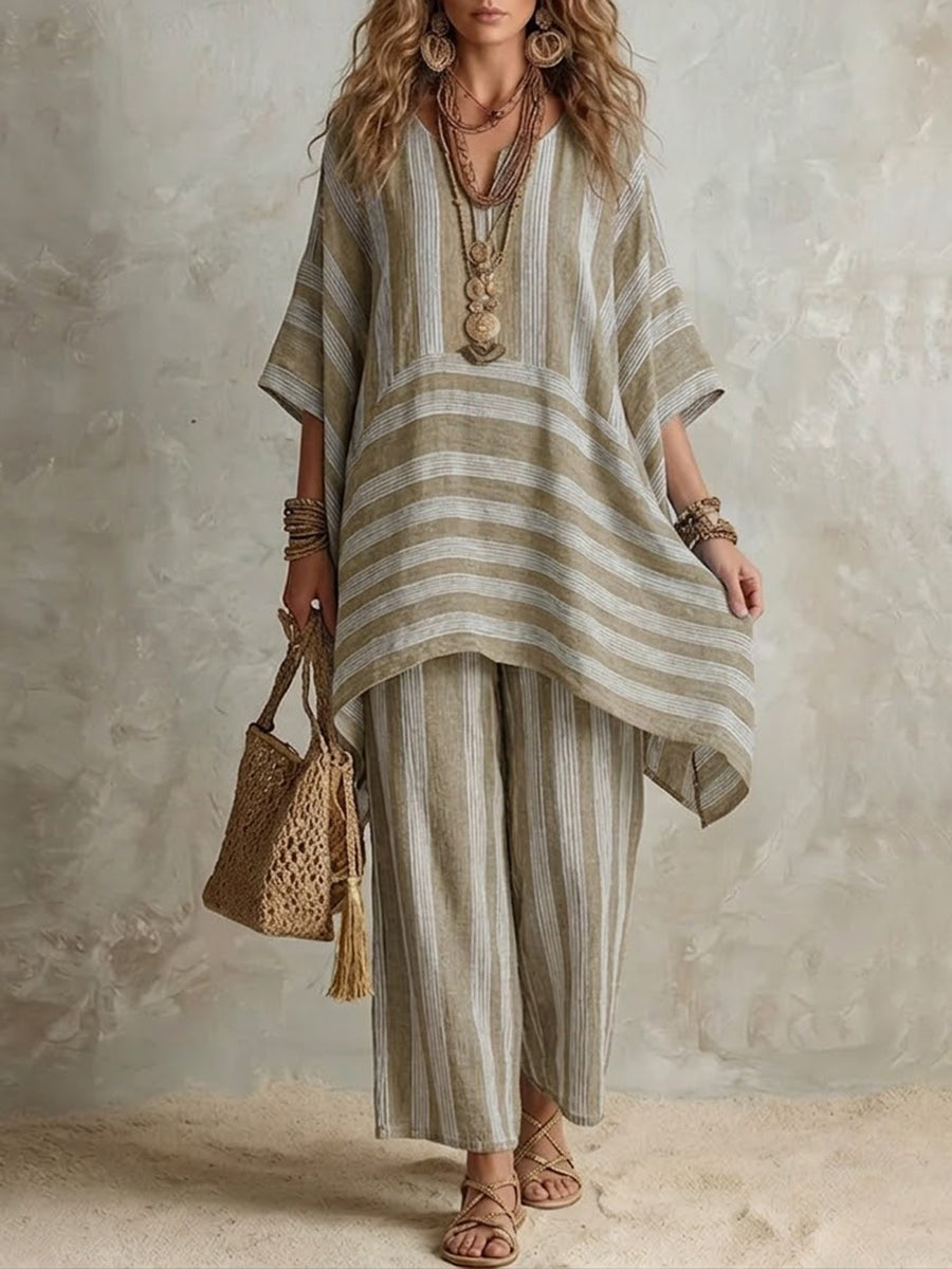 Mila Iluma co-ord set in khaki stripes, full-length front view