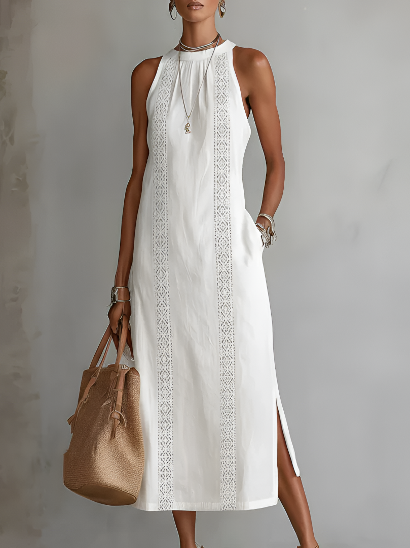 Imogen collared midi dress in white, full-length front view with lace panels