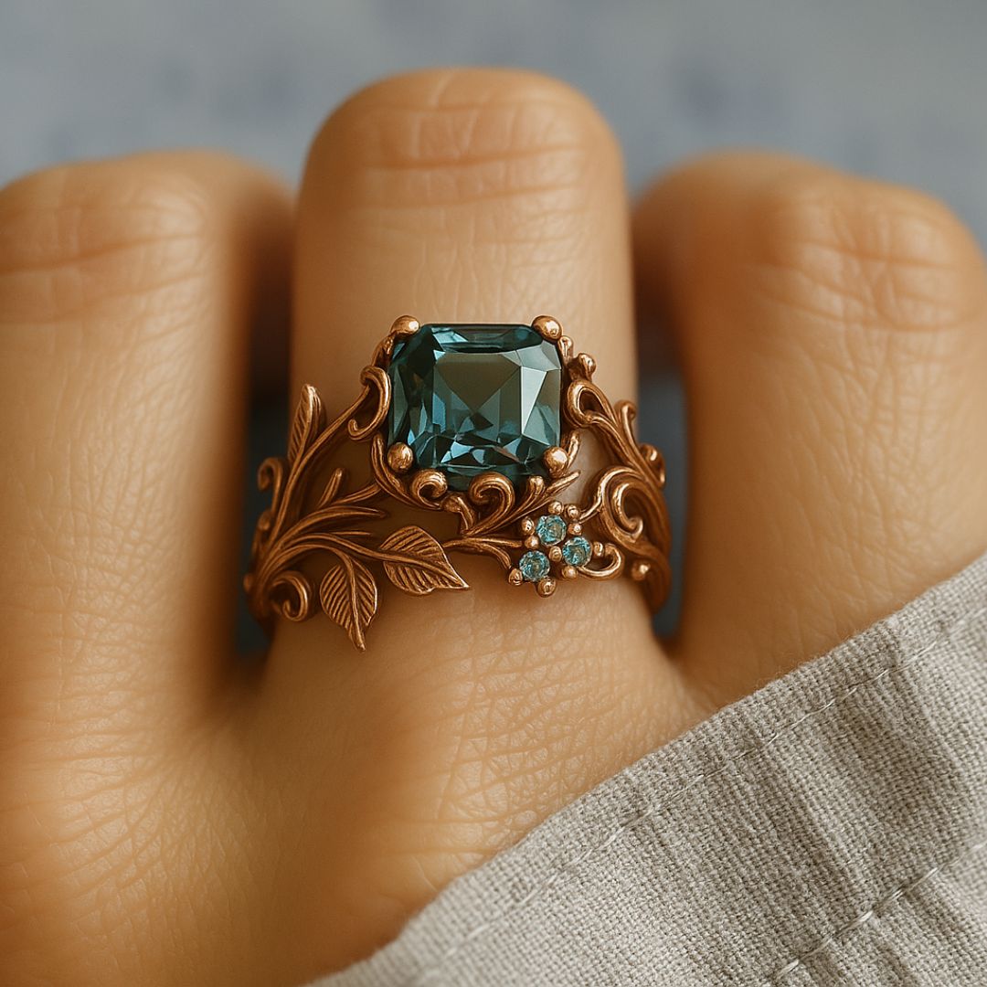 Green crystal ring in gold tone worn on finger, close-up top view