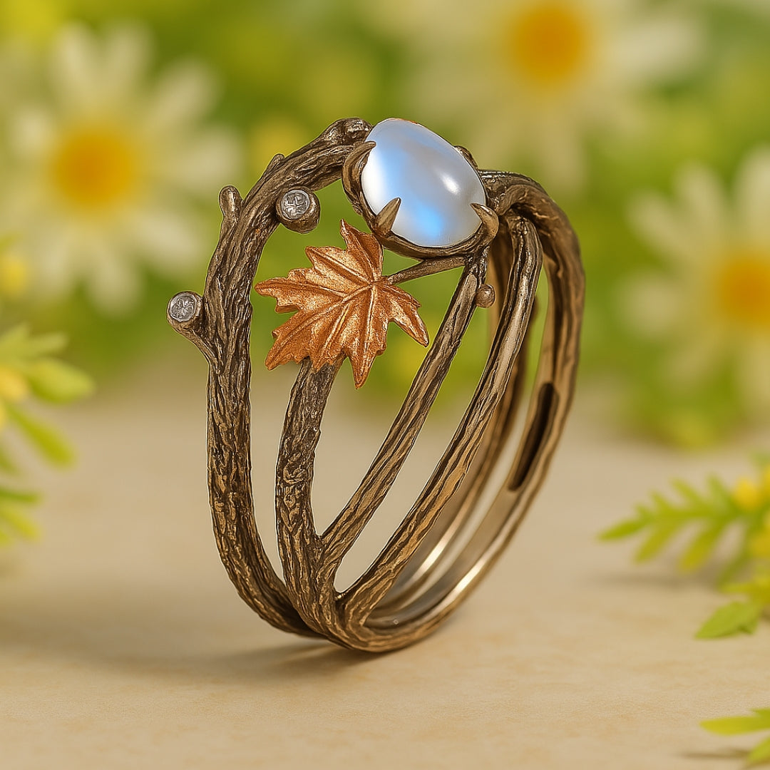Moonstone ring with bronze branch bands, photographed among flowers